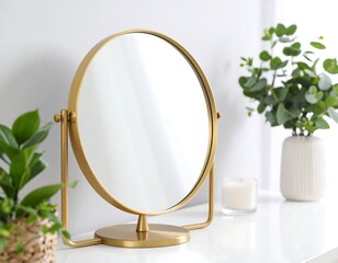 Gold vanity mirror and plants