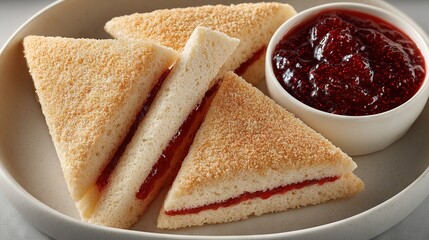   A close-up image of a sandwich and a bowl of ketchup on a plate