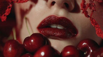   A close-up of a woman's face with cherries in front of her mouth