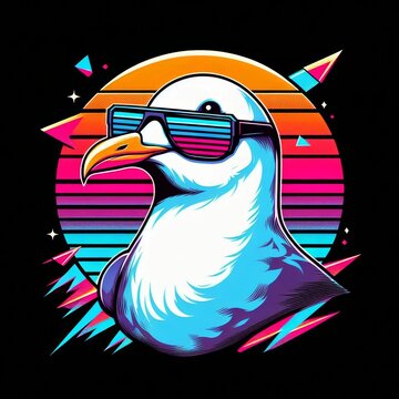 Stylish gull bird illustration in vaporwave and surreal 80s aesthetics