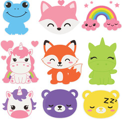 Fototapeta premium Adorable collection of cartoon animals, food, and objects, perfect for stickers and more. vector illustration