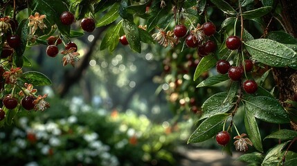   A lush forest brimming with verdant foliage, adorned with vibrant red berry-laden trees
