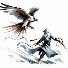 The Assassin's Strike, A Hunter and His Bird of Prey Unite in Action