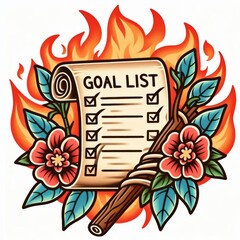 Fiery ambition, illustrative artwork of goal list tattoo with floral accents