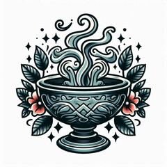 Mystical aromatic ritual bowl with smoke and floral details tattoo design