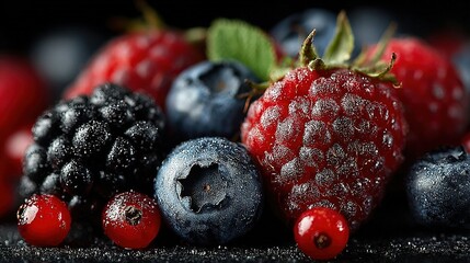   Blueberries, raspberries, and raspberries are all covered in water droplets on a black surface