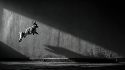   A monochrome image depicts a rabbit soaring through the air against a white backdrop