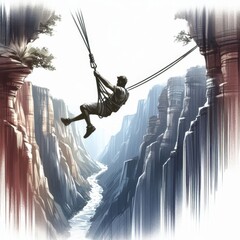 Cartoon canyon swing adventure with man suspended above rocky ravine