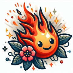 Charming Cartoon Fire Emoji with a Cracked Traditional Tattoo Aesthetic