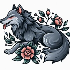 Gray wolf adorned with roses in a contemporary take on classic tattoo art