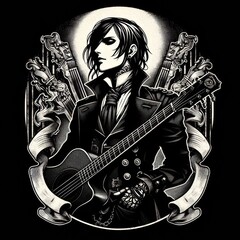 Anime Illustration of a Gothic Musician with Vintage Propaganda Art Aesthetic