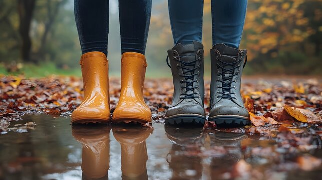 Autumn walk footwear puddle reflection leaves waterproof boots hiking boots outdoor gear adventure ready