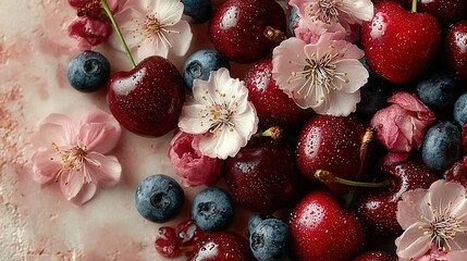   Blueberries, strawberries, raspberries, and cherry blossoms decorate a cake with icing