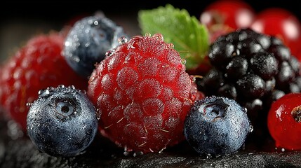   Berries  on black surface with water droplets