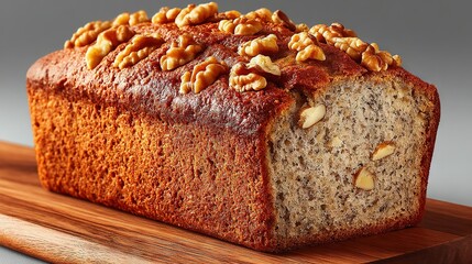   A loaf sits atop a cutting board alongside a nutty slice of bread