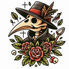 Plague Doctor skeleton with roses, shovel and a bird in tattoo style
