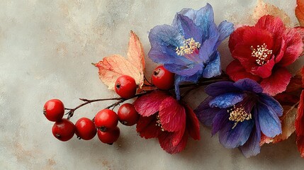   A close-up photo of several flowers and berries on a table, showcasing both red and blue blossoms