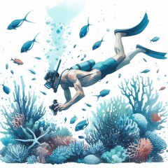 Underwater adventure, A freediver exploring a vibrant coral reef in minimalist watercolor style, capturing marine life and serene beauty
