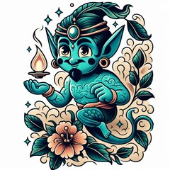 Whimsical cartoon genie with ornate tattoos and magical lamp illustration
