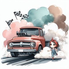 Charming Illustration of Classic Truck with Racing Flags and Cute Girl
