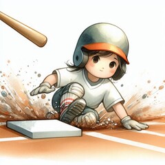 Cartoon little girl slides onto home plate with determination and joy