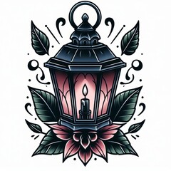 Vintage lantern with candle and flower, illustration in cartoon tattoo style