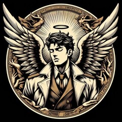 Anime Style Angelic Figure with Propaganda Art Aesthetic for Merchandise