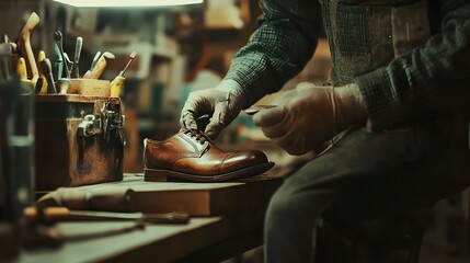 Craftsman repairing leather footwear in workshop professional shoe repair and restoration services available
