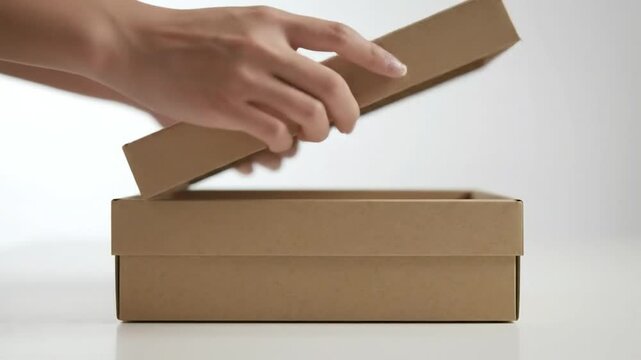 Hands opening a cardboard box, lid is in the air above the open bottom box on white background