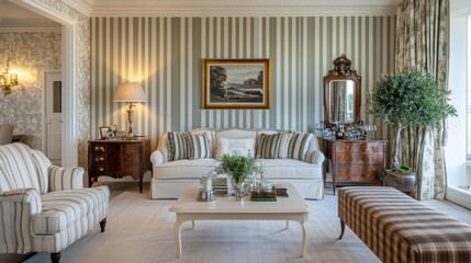 Elegant living room with striped wallpaper