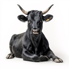 Naklejka premium Peaceful Black Cow Sitting on Pasture. A Portrait of Domestic Livestock in Rural Agriculture