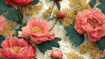  Pink Flowers Wallpaper - Gold & White Background with Leaves and Flowers