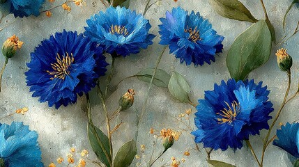   Blue flowers on cement floor with green foliage below