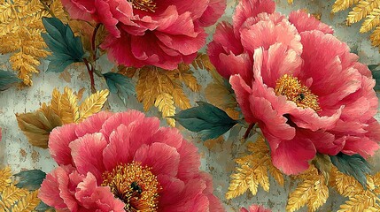   Red flowers on gold wallpaper with leaf pattern