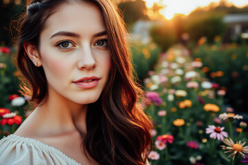 Fototapeta premium Beautiful Woman in a Flower Garden