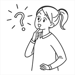 Thoughtful young woman with question mark illustration