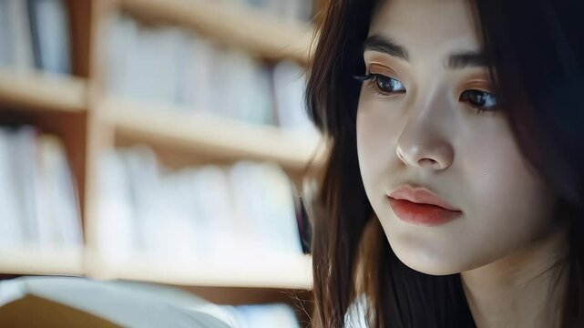 Young woman reading a book in library