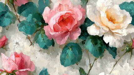  A painting of vibrant pink and white roses against a green leaf backdrop on a white canvas