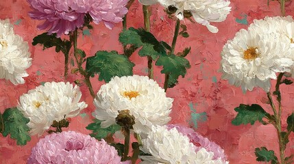   A painting of white and pink flowers on a pink background with green leaves and flowers on the bottom