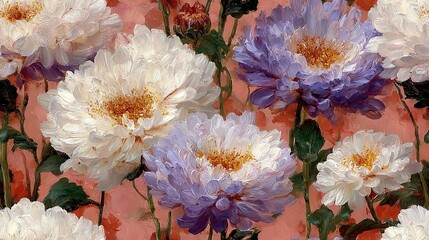   A painting depicts purple and white flowers on a pink-orange canvas, framed by green foliage, and features a yellow center surrounded by smaller blooms of the same h