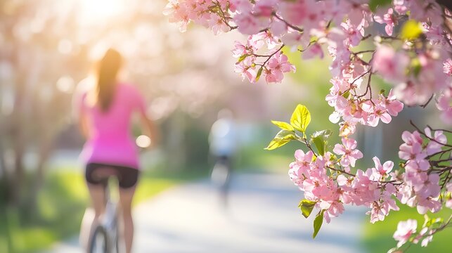 Woman cycling under cherry blossoms a beautiful spring day for fitness and outdoor recreation activity scene
