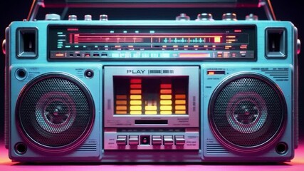 Retro, teal and silver boombox with glowing equalizers, speakers, and buttons on a neon stage - Powered by Adobe