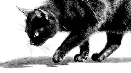  A monochrome illustration depicts a feline with an open mouth and a paw resting on the ground, exhibiting a wide-mouthed expression