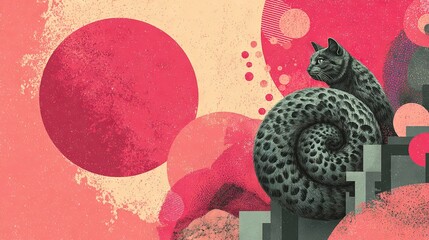   A feline perched atop an artwork, surrounded by a sea of circles