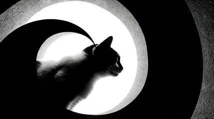   Black-and-white image of a feline peering from a circular windowpane in a dimly lit chamber, illuminated by a ray of sunlight