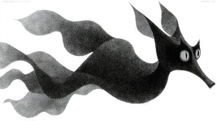   A monochromatic depiction of a soaring dragon with curled tail and open eyes