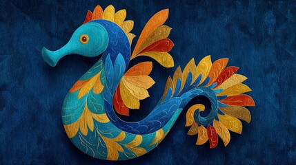   Blue bird painting with vibrant orange, yellow, and red leaves on its body and neck