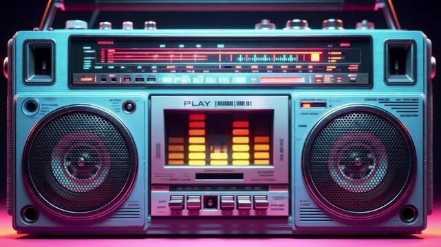 Retro, teal and silver boombox with glowing equalizers, speakers, and buttons on a neon stage