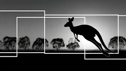   Black and white image of a kangaroo mid-jump against tree-lined backdrop