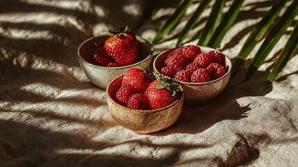   Three raspberry-filled bowls on white cloth near palm tree stalk